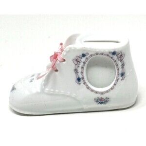 Rare Vintage 1991 Precious Moments Baby Shoe Bank and Picture Frame Baby Girl
